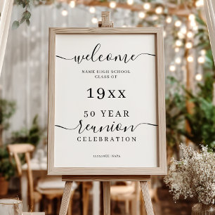 Poster Elegante Black Script Classe 50th Reunion Bem-vind