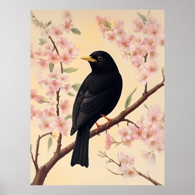 Poster Elegante Blackbird em Blossoms (Frente)