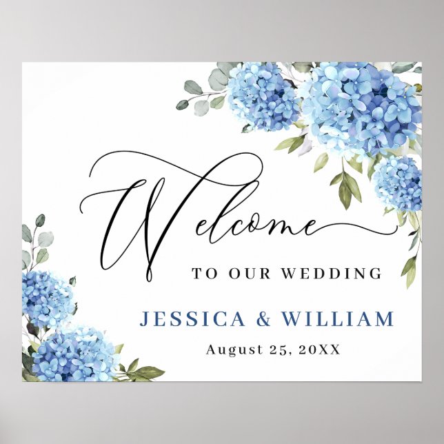 Poster Elegante Blue Hydrangea Eucalyptus Wedding Bem-vin (Frente)