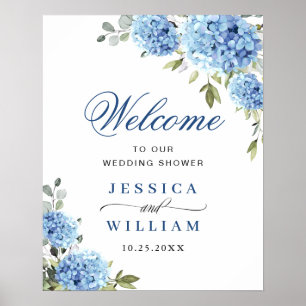 Poster Elegante Blue Hydrangea Eucalyptus Wedding Bem-vin