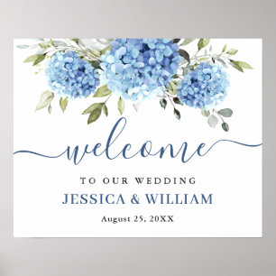Poster Elegante Blue Hydrangea Eucalyptus Wedding Bem-vin