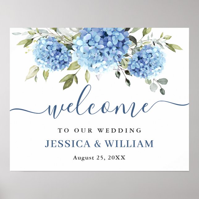 Poster Elegante Blue Hydrangea Eucalyptus Wedding Bem-vin (Frente)