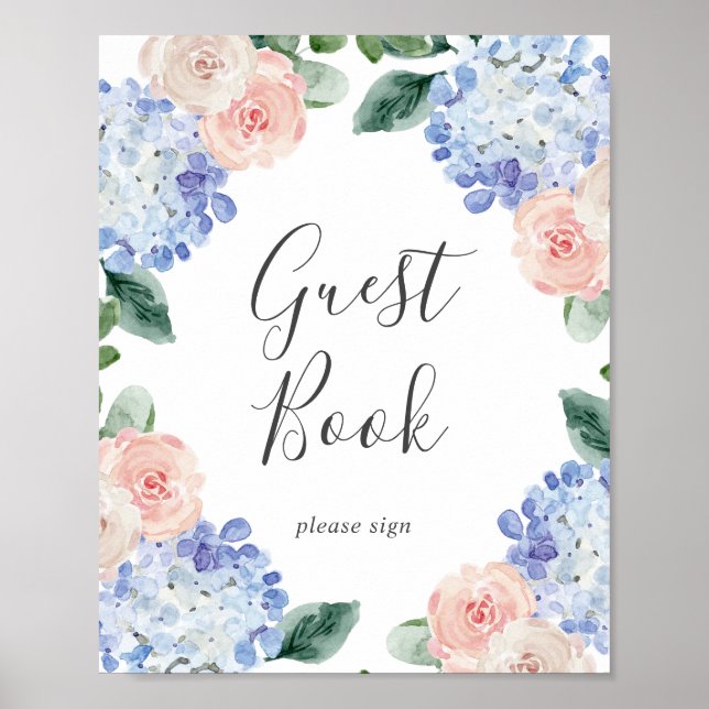 Poster Elegante Blue Hydrangea | White Guest Book Sign (Frente)