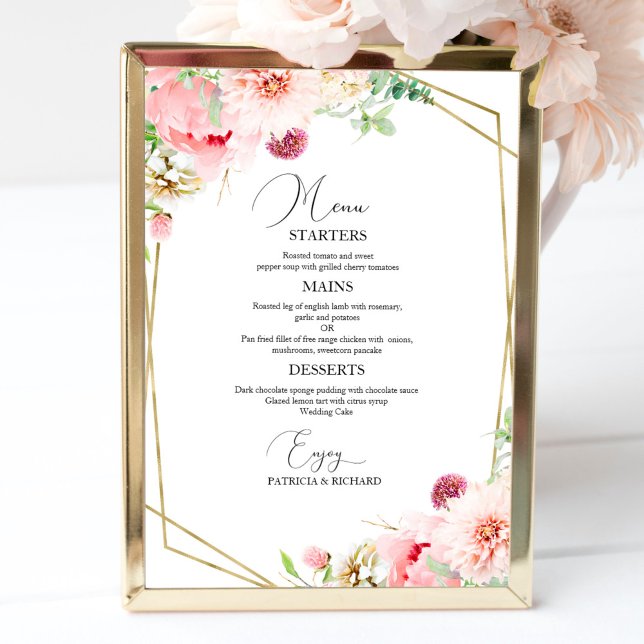 Poster Elegante Blush Floral Menu de Casamento Geométrico (Criador carregado)