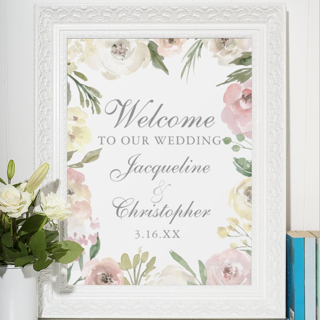 Poster Elegante Blush Pink Floral Bem-vindo ao nosso Casa (Criador carregado)