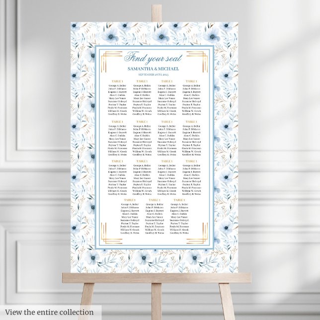 Poster Elegante Boho Dusty Blue Glitter Seating Chart (Elegant Boho Dusty Blue Gold Glitter Seating Chart)