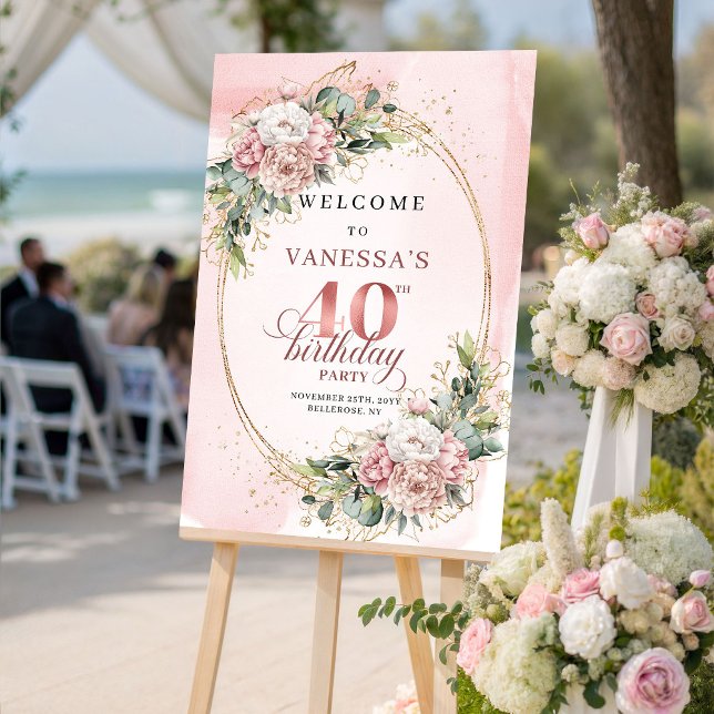 Poster Elegante Boho Rosa Bege Verde 40º Aniversário  (Elegant Boho Blush Pink Greenery 40th Birthday Welcome)