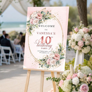 Poster Elegante Boho Rosa Claro Verde 40º Aniversário 