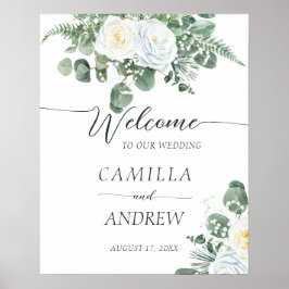 Poster Elegante Boho White Roses com Greenery Bem-vindo