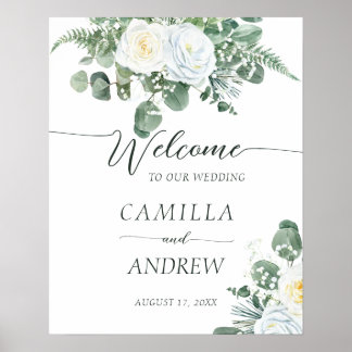 Poster Elegante Boho White Roses com Greenery Bem-vindo