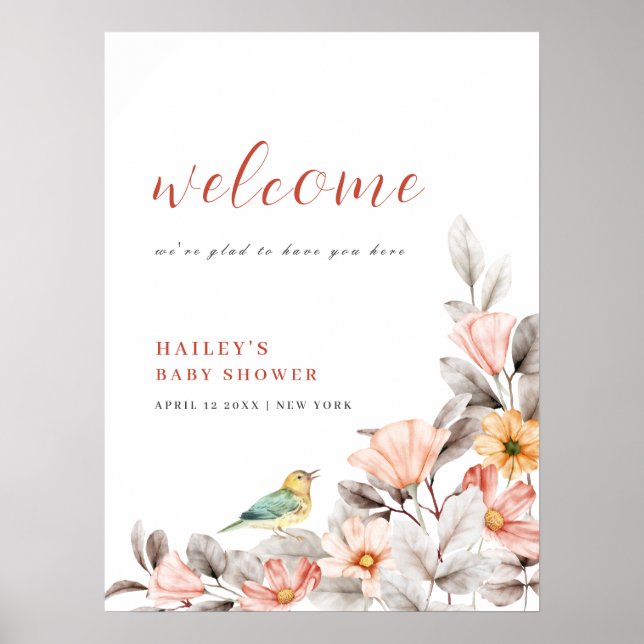 Poster Elegante Boho Wildflower Chá de fraldas Welcome (Frente)