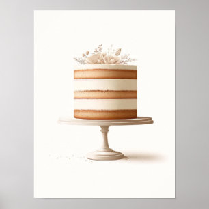 Poster Elegante Bolo Floral Branco Padaria Cozinha Tier