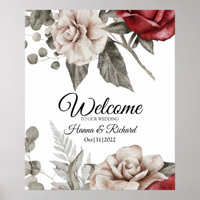 Poster Elegante Borgonha e Beige Wedding Sinal de Boas-vi (Frente)