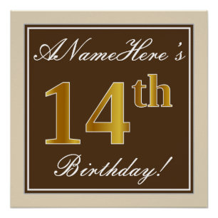 Póster Elegante, Brown, Faux Dourada 14 Birthday + Nome