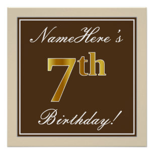 Póster Elegante, Brown, Faux Dourada 7 Birthday + Nome
