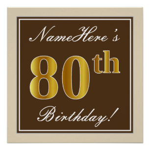 Póster Elegante, Brown, Faux Dourada 80 Birthday + Nome
