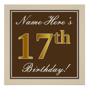 Póster Elegante, Brown, Faux Dourado 17º Aniversário +