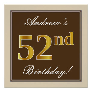 Póster Elegante, Brown, Faux Dourado 52º Aniversário + No
