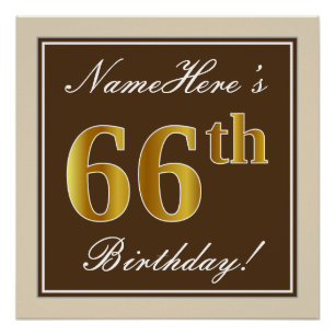Póster Elegante, Brown, Faux Dourado 66º aniversário +