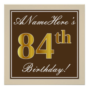 Póster Elegante, Brown, Faux Dourado 84.º Aniversário + N