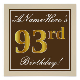 Póster Elegante, Brown, Faux Dourado 93º Aniversário + No