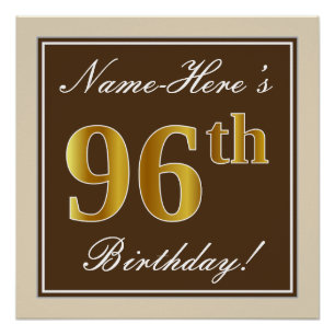 Póster Elegante, Brown, Faux Dourado 96º Aniversário +