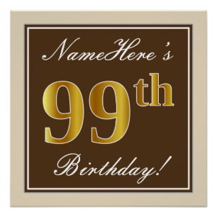 Póster Elegante, Brown, Faux Dourado 99º Aniversário + No
