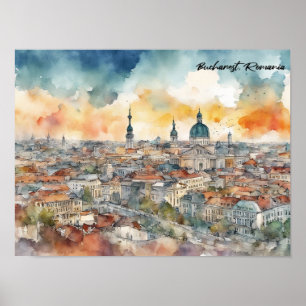 Poster Elegante Bucareste Romênia Watercolor City View