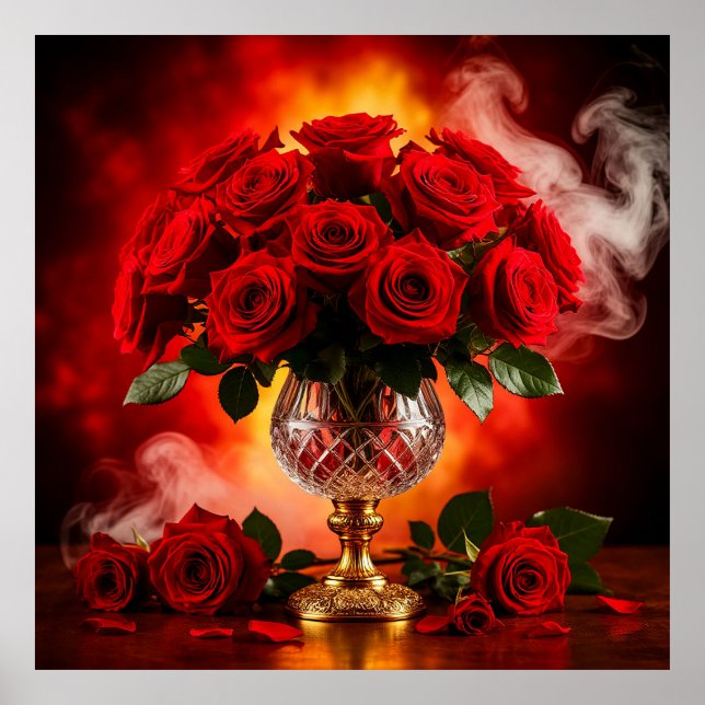 Poster Elegante Buquê de Rosas Vermelhas em Vaso de Vidro (Frente)