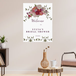 Poster Elegante Burgundy Floral Chá de panela Bem-vindo