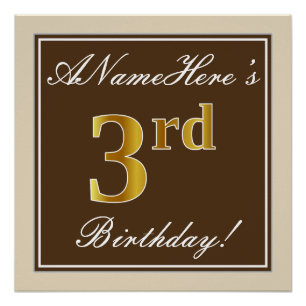 Póster Elegante, Castanho, Faux Dourada aniversário de 3