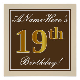 Póster Elegante, Castanho, Faux Dourado 19º Aniversário +