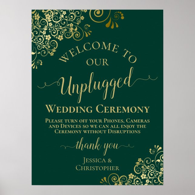 Poster Elegante Cerimônia de Casamento Dourado e Emerald (Frente)