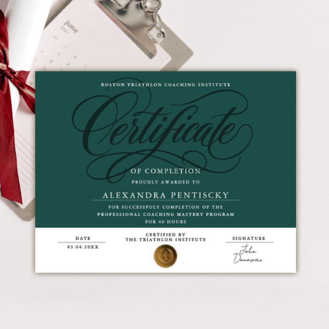 Poster Elegante Certificado de Conclusão em Verde Esmeral (Criador carregado)