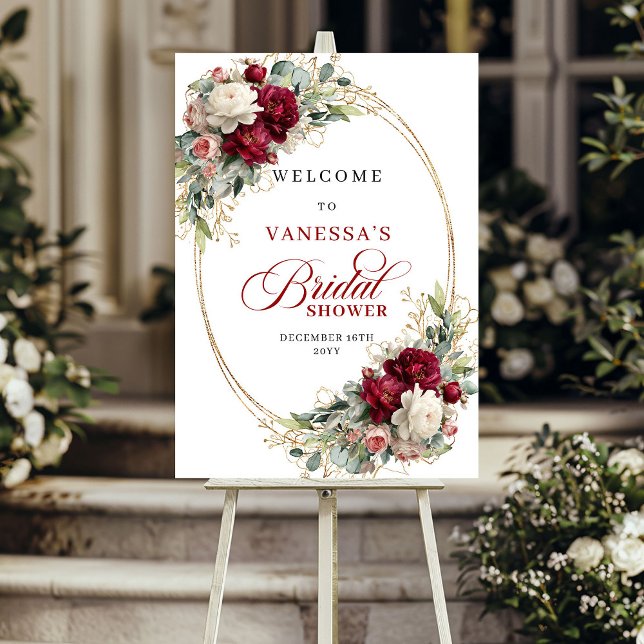 Poster Elegante Chuveiro de Noiva Boho Floral Borgonha Be (Elegant Burgundy Floral Boho Bridal Shower Welcome)