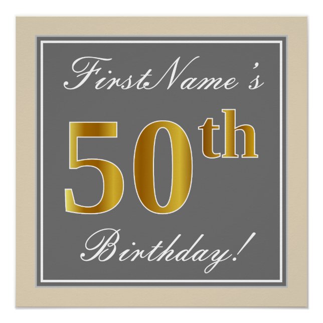 Póster Elegante, Cinza, Falso Dourado Aniversário de 50 a (Frente)