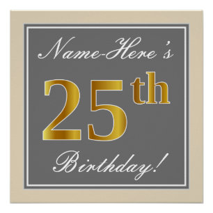 Póster Elegante, Cinza, Faux Dourada 25 Aniversário + Nom