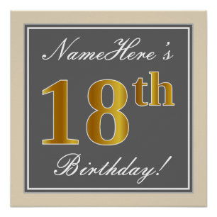 Póster Elegante, Cinza, Faux Dourado 18º Aniversário + No