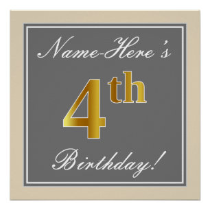 Póster Elegante, Cinza, Faux Dourado 4. Aniversário; Nom