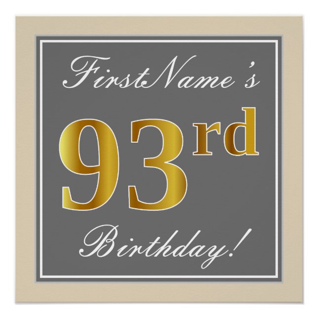Póster Elegante, Cinza, Faux Dourado 93º Aniversário + No (Frente)