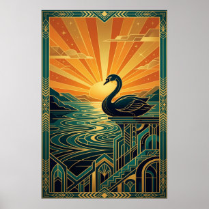 Poster Elegante Cisne Art Déco ao Pôr do Sol no Lago
