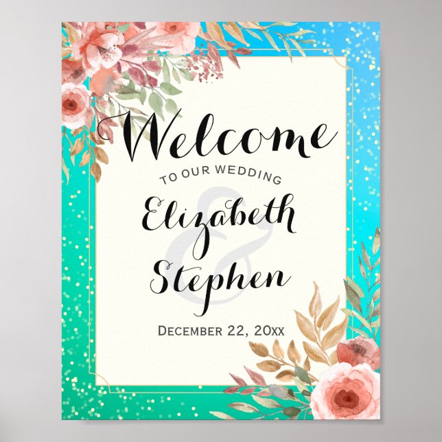 Poster Elegante Convite de Casamento com Flores Rosa e Po (Frente)