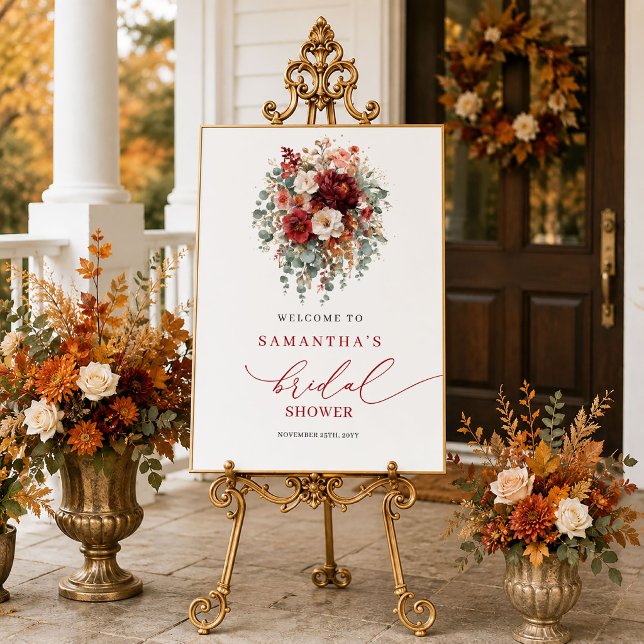 Poster Elegante convite de chá de noiva floral outonal bu (burgundy autumn flowers welcome sign,
refined terracotta copper bridal shower, 
Boho Watercolor deep)
