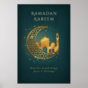 Poster Elegante Crescente da Mesquita Teal & Dourado Rama