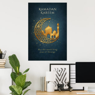 Poster Elegante Crescente Islâmico Mesquita Ramadan Doura