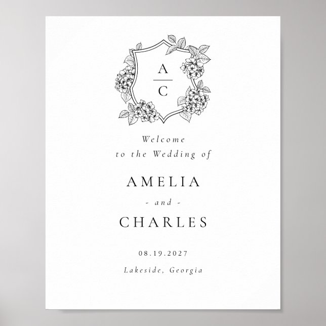 Poster Elegante Crista de Hortênsia Floral para Casamento (Frente)