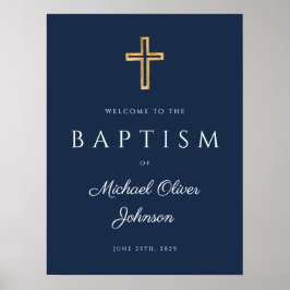 Poster Elegante Cruz Religiosa Azul Bem-vindo ao Batismo 