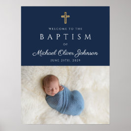 Poster Elegante Cruz Religiosa Azul Bem-vindo ao Batismo 