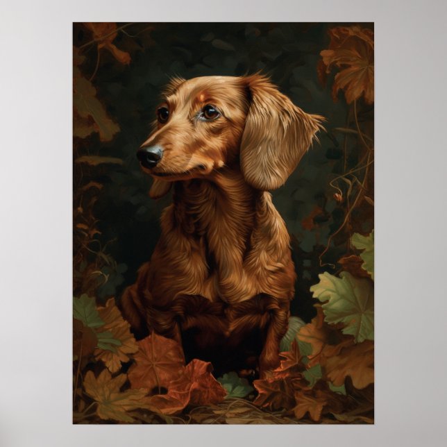 Poster Elegante Dachshund com Folhas de outono | Pet Flor (Frente)