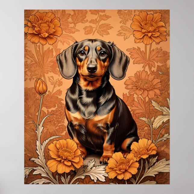 Poster Elegante Dachshund E Marigolds (Frente)